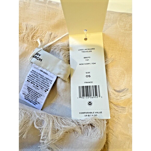 NWT Tory Burch T Monogram Jacquard Traveler Scarf Ivory Wool Silk Blend - Picture 7 of 13
